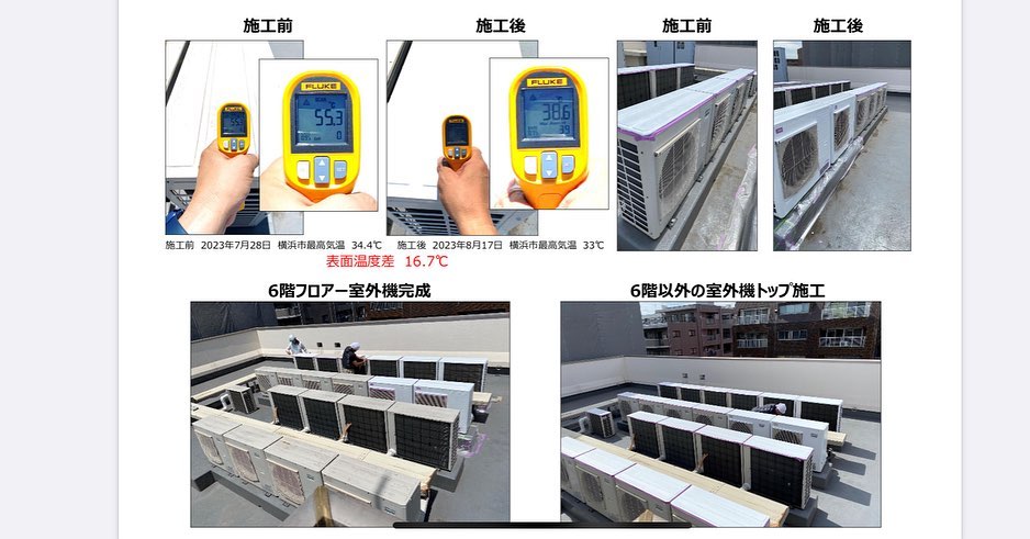 2023/8/172023/7/31に遮熱塗装を行い、8/17に効果測定に行って参りました。施工前、施工後の室外機の温度差が16.7℃でした。弊社の遮熱塗装は『コスト、耐久性、効果持続性』など総合的なコスパはとても良いとのご評価をいただいております。ご関心おありの方はariel.msmotsuka@gmail.comまでご連絡くださればデモ機など持参致しますので、今後のご参考にして下さい♬同じ日（8月12日）で沖縄と横浜では、なぜか横浜の方が暑いんです。温暖化もございますが、インフラ、住宅からなどなどの原因らしいです。毎年の厳しい暑さ対策と省エネ対策に貢献します！